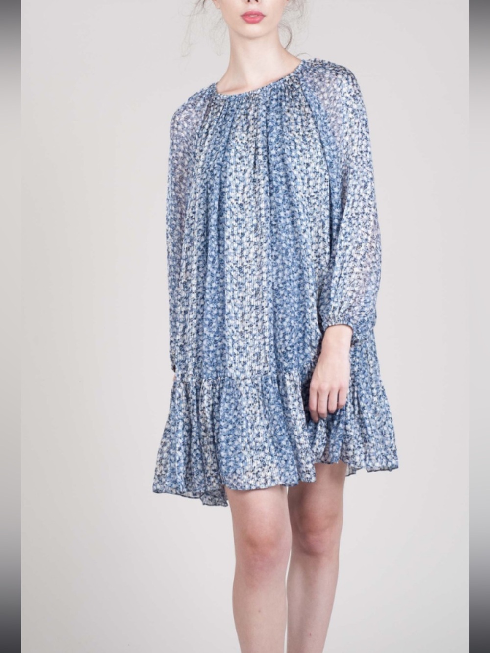 Ulla Johnson Adena Silk Babydoll Dress Size 4 blue floral with metallic threads